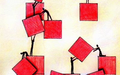 商务人一起工作移动红色方块