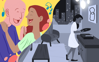 左图:幸福的情侣随着音乐跳舞。右图:一个悲伤的女人独自把唱片放到电唱机上。