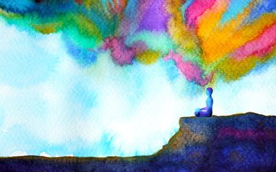 人类和精神强大的能量连接到宇宙电力抽象艺术水彩绘画例证设计手绘