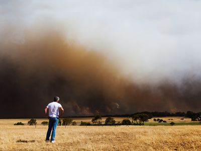 一个男人看着一团黑色的野火烟雾