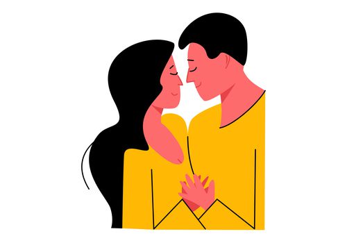 男人和女人拥抱。在爱在白色背景隔绝的漫画人物的夫妇。