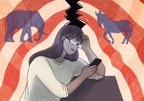 妇女在美国国旗和两个相对的边面前的电话强调在电话