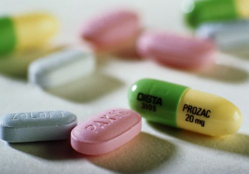 Prozac, Paxil, and Zoloft anti-depressant tablets, close-up