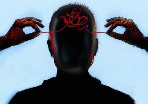 Illustration of hands untangling thread from inside of mans head