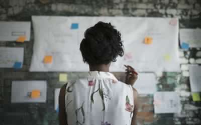 女人集思广益一边看着在办公室的墙上笔记