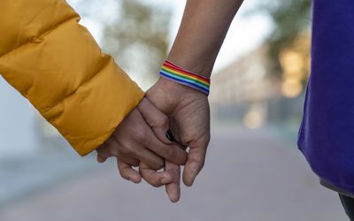 两对女同性恋夫妇手牵手在公园的特写镜头