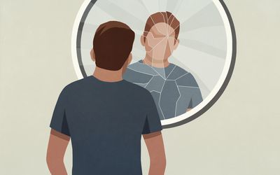 穿一件黑暗的色的T恤杉的一个人的例证看他的在一个被破碎的镜子的反射。