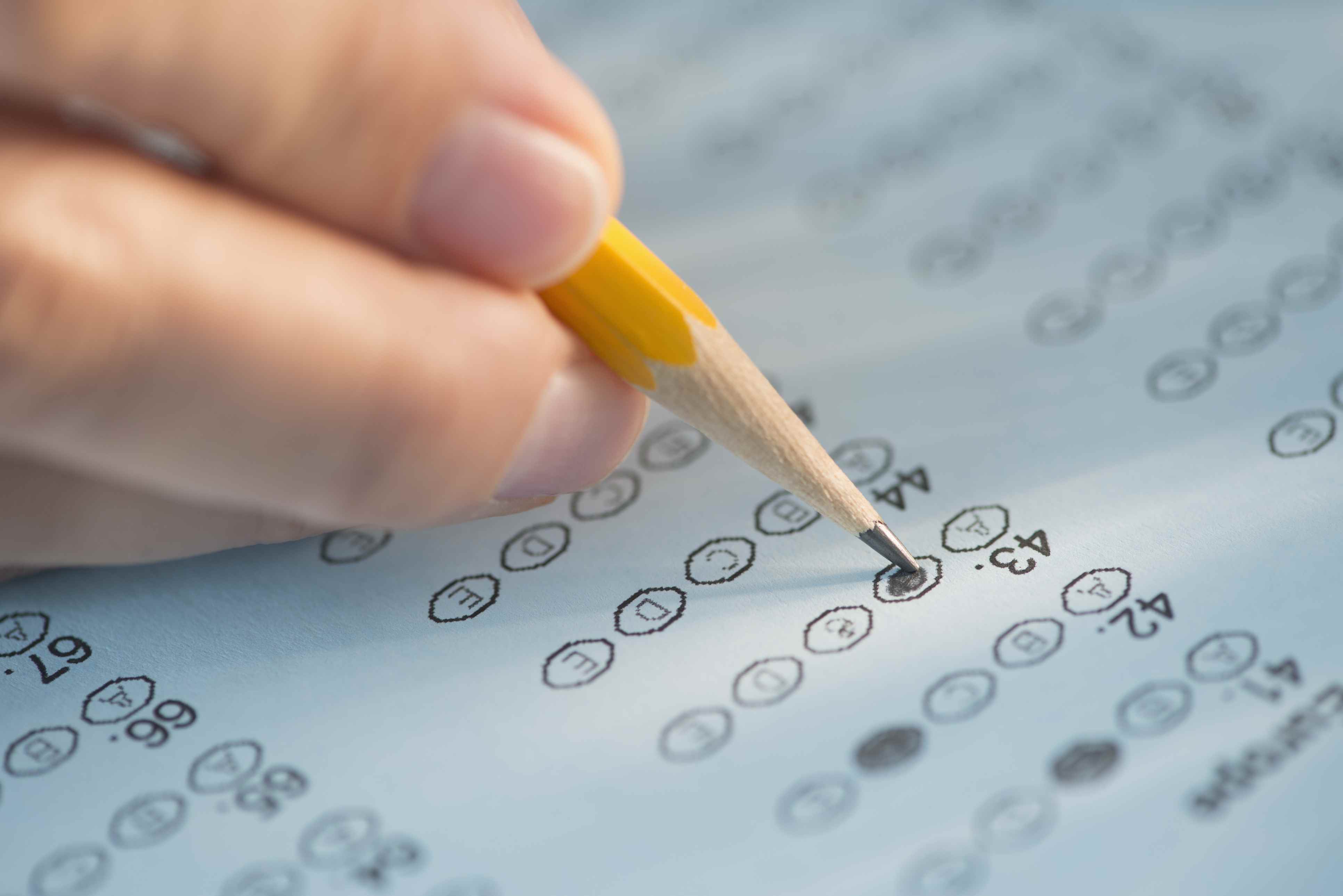 填充在测试纸的妇女的手填充多项选择泡影