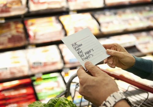 woman holding a shopping list at the grovery store