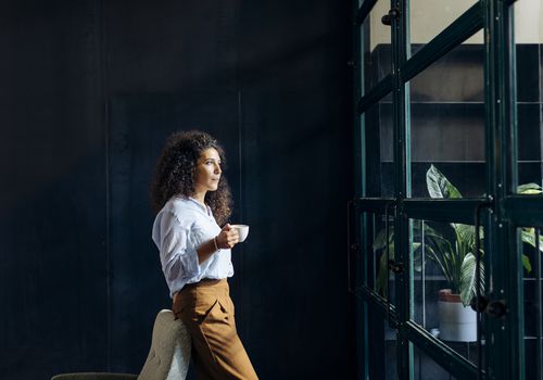 看在窗口外面的年轻女实业家在顶楼办公室