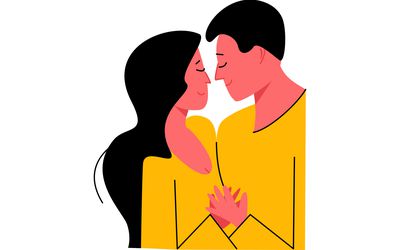 男人和女人拥抱。一对相爱的卡通人物被隔离在白色背景下。