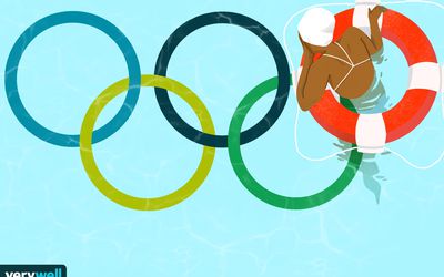 在奥林匹克五环中画奥林匹克游泳运动员