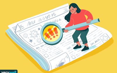 drawing of woman holding a magnifying glass over a newspaper