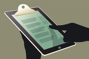 hands holding a "clipboard" ipad graphic