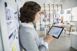 Architect viewing bar graph on digital tablet office