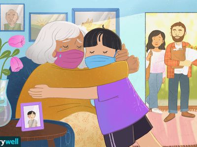 drawing of child hugging grandmother, both characters are wearing masks