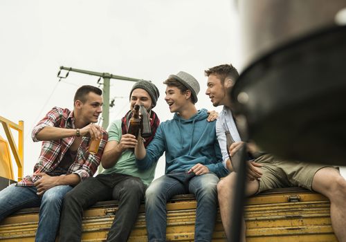 Group of friends drinking beer on pick-up truck