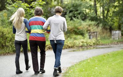 三代女性在公园的小路上行走的后视图