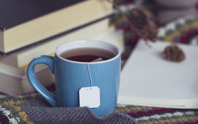 一杯茶，书籍和冬天的毯子 - 图库照片