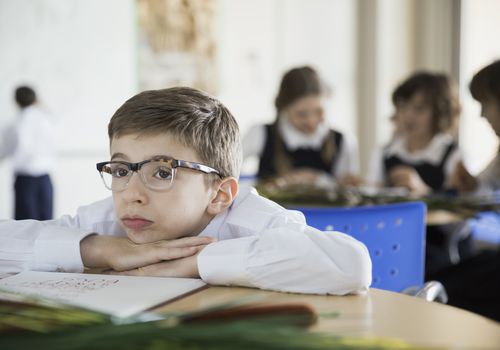 乏味的学校男孩在教室里