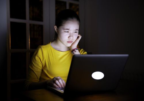 Woman looking at computer screen at night