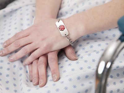女性患者手特写镜头有医疗身份镯子的