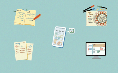 不同情绪跟踪器类型的插图包括每日期刊，情绪图表，曼荼罗，应用程序和在线计划