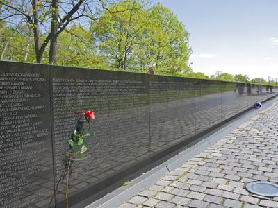 美国华盛顿特区，一朵长茎的红玫瑰在越战老兵纪念碑名字的左边