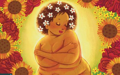 drawing of glowing woman hugging herself with flowers in her hair